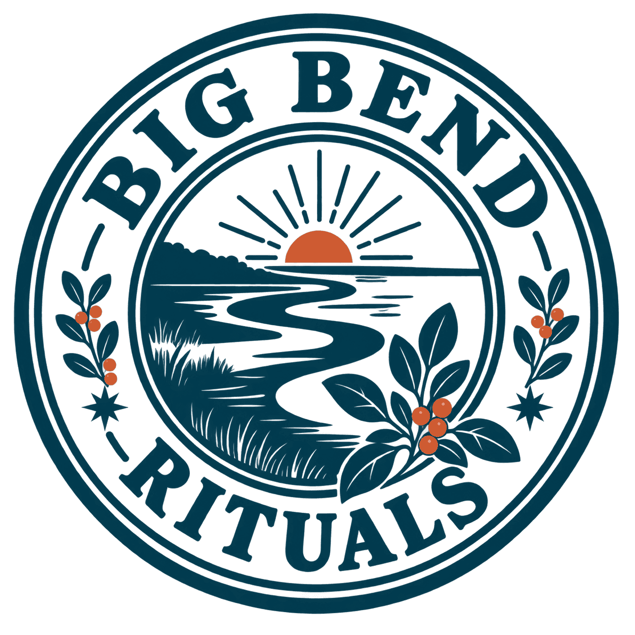 Big Bend Rituals seal with winding river, sunrise, and yaupon leaves