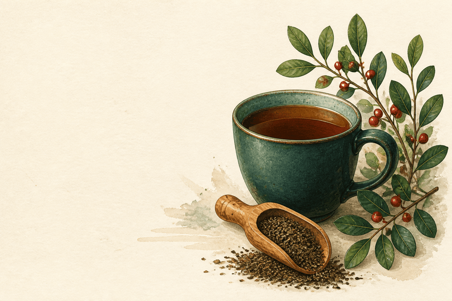 A roasted yaupon cup, loose roasted leaves, and a yaupon holly branch